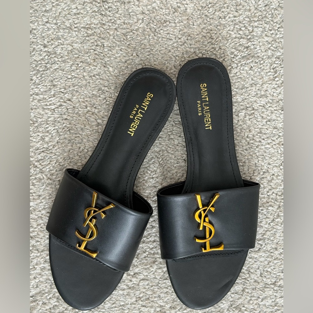 COPY  Black Leather Slides with Gold Monogram